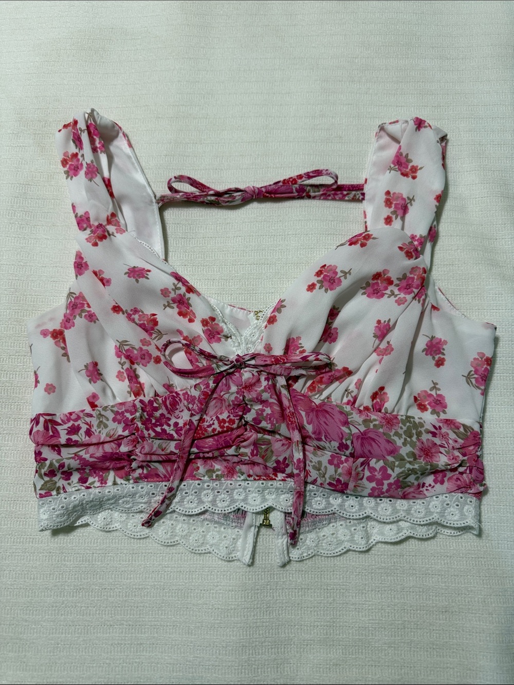 Altar'd State White & Pink Floral Tie-Front Crop Camisole
